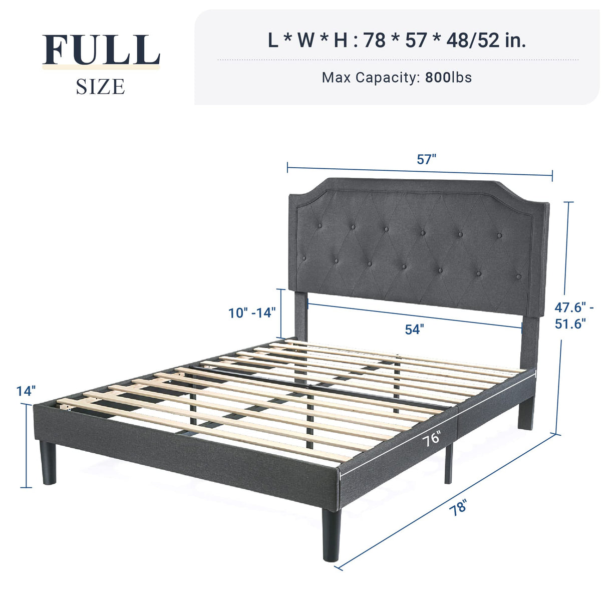 Upholstered Full Size Platform Bed Frame with Adjustable