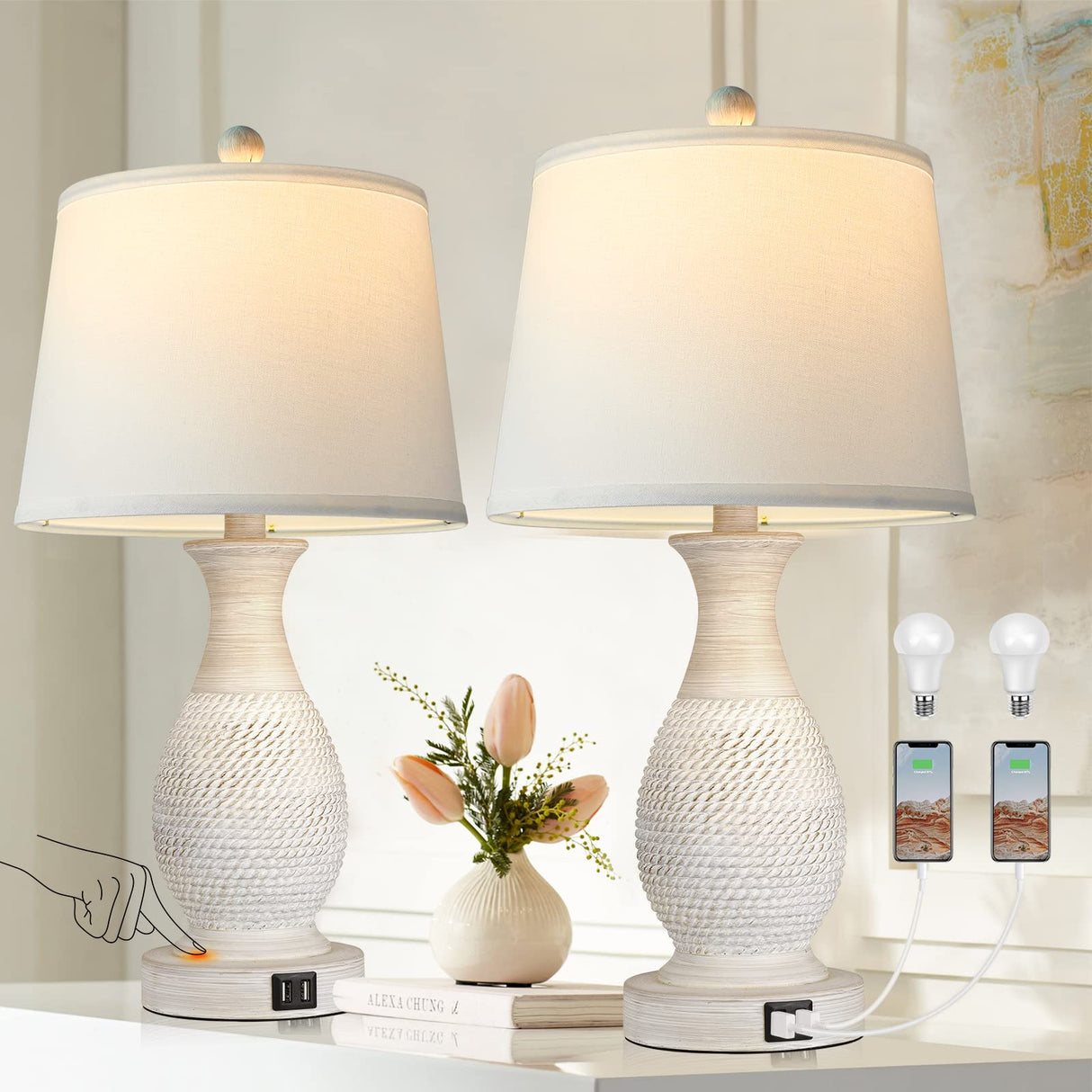 Table Lamps Set of 2, Bedside Touch Lamp with Dual USB Charging Ports