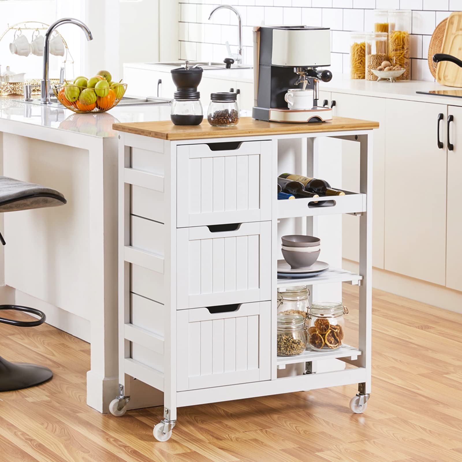 Kitchen Island Cart on Wheels with 3 Drawers and 3 Open Shelves