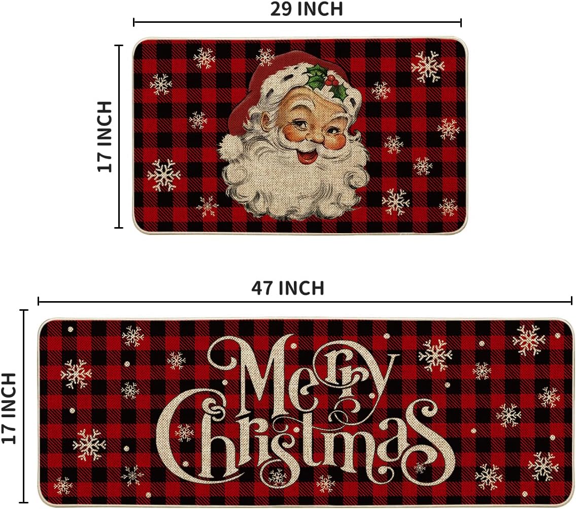 Buffalo Plaid Snow Santa Claus Christmas Kitchen Rugs Set of 2