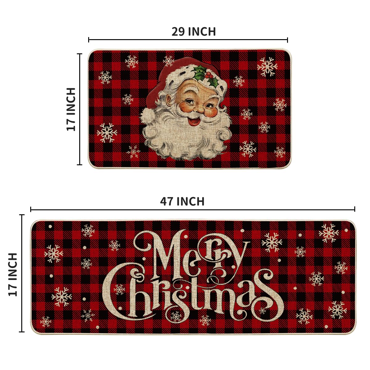 Buffalo Plaid Snow Santa Claus Christmas Kitchen Rugs Set of 2