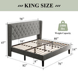 King Size Bed Frame with Wingback, Upholstered Platform Bed