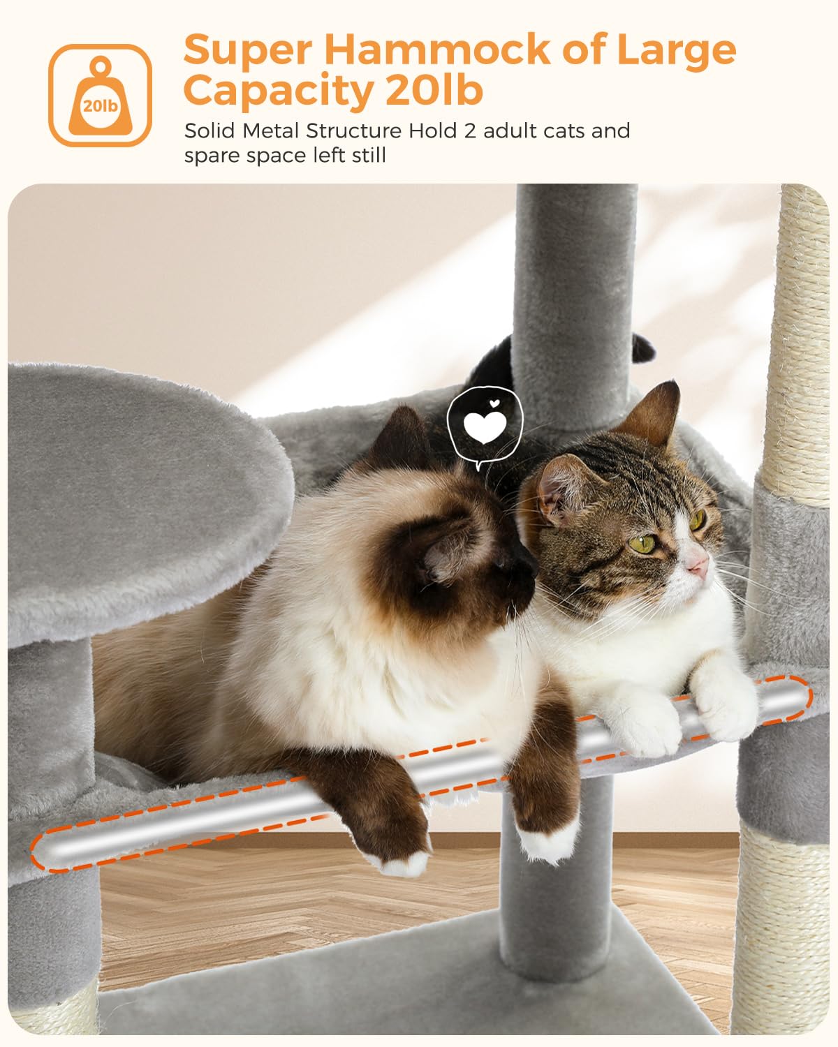 Cat Tree for Large Cats Adult with Metal Plush Big Hammock, 56.3" Cat TowerZ