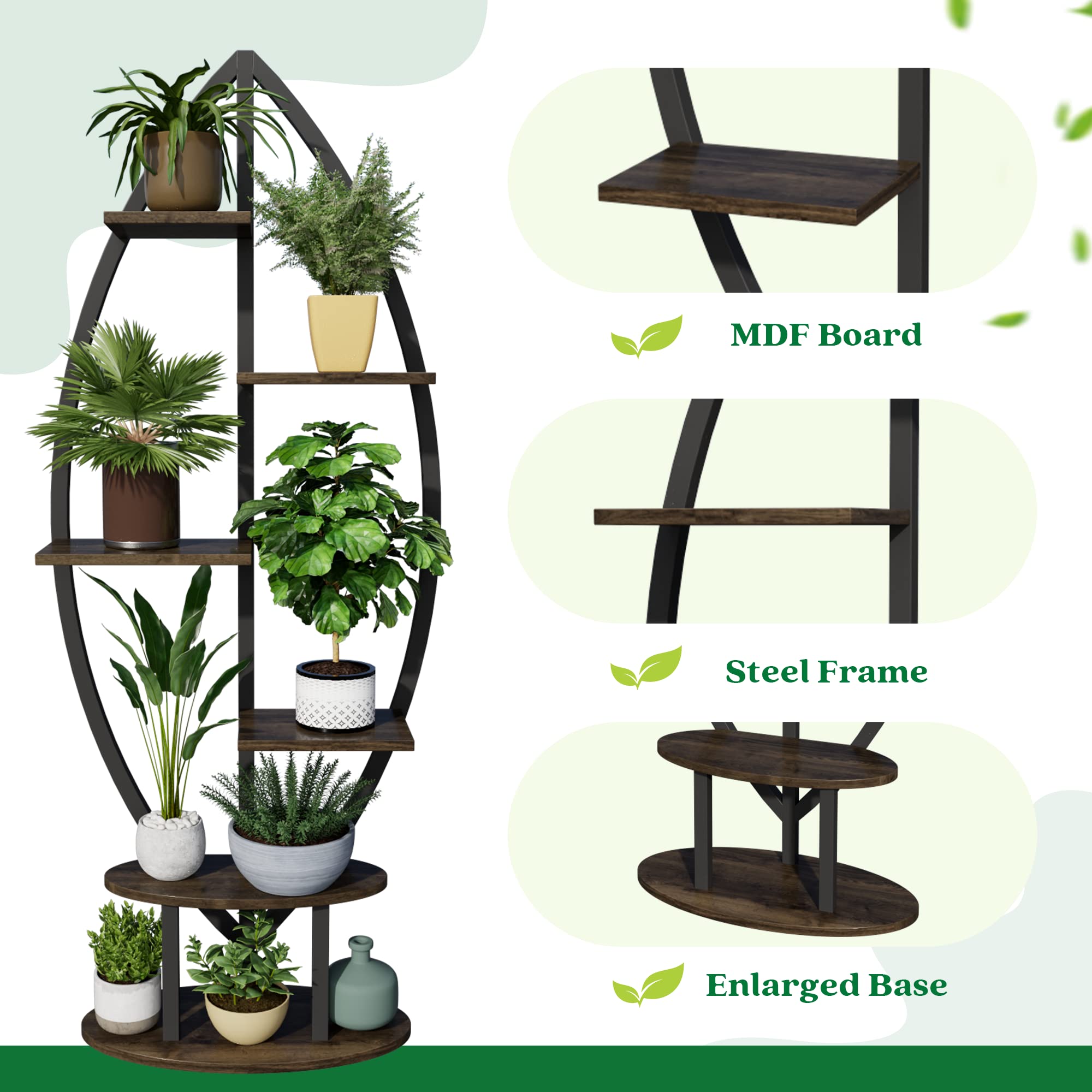 YOLENY 6-Tier Leaf-Shaped Plant Stand – White Metal & Wood Indoor Shelf