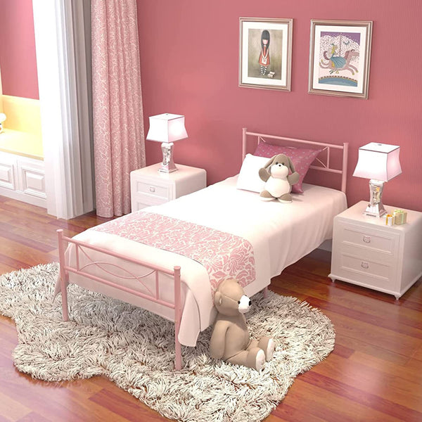 Pink Twin Bed Frame for Girls, Mattress Foundation Support with Headboard