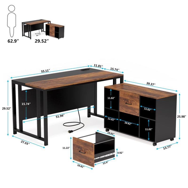 L-Shaped Computer Desk with Power Outlet and Drawer Cabinet