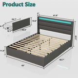 Queen Bed Frame with RGBW LED Lights, Upholstered Headboard & 4 Storage Drawers