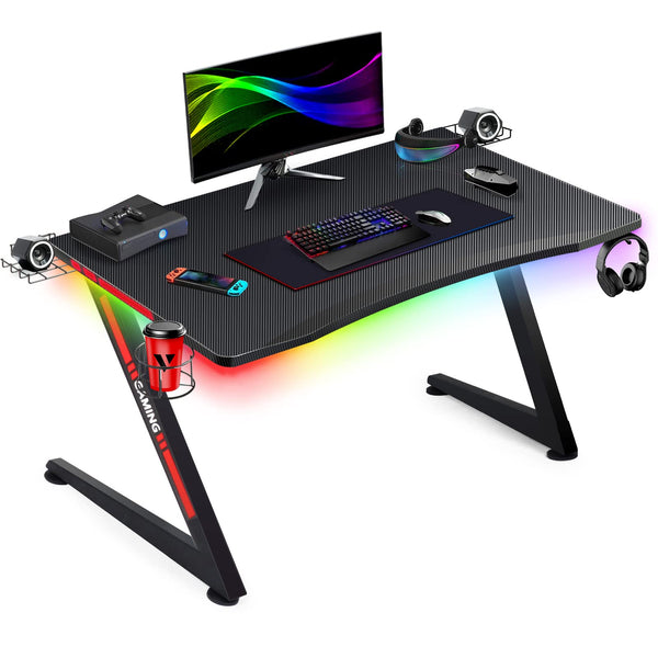 Gaming Desk with Led Strip Lights, 44 Inch Ergonomic Z-Shaped Carbon Fiber Surface