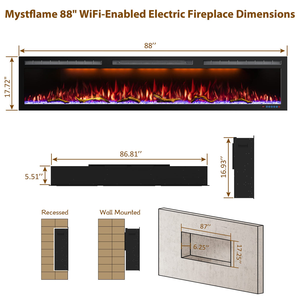 88 Inch WiFi-Enabled Electric Fireplace Inserts & Wall Mounted