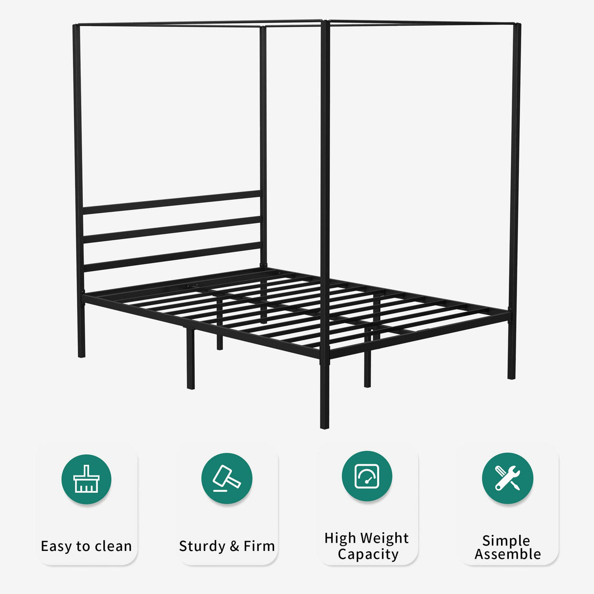 Metal Four Poster Canopy Bed Frame 14 Inch Platform with Built-in Headboard Strong