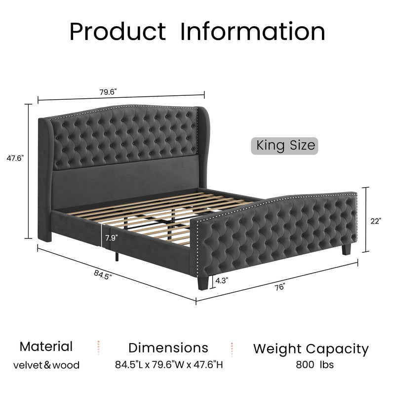 King Size Bed Frame with Tufted Headboard & Footboard Velvet Upholstered Platform Bed