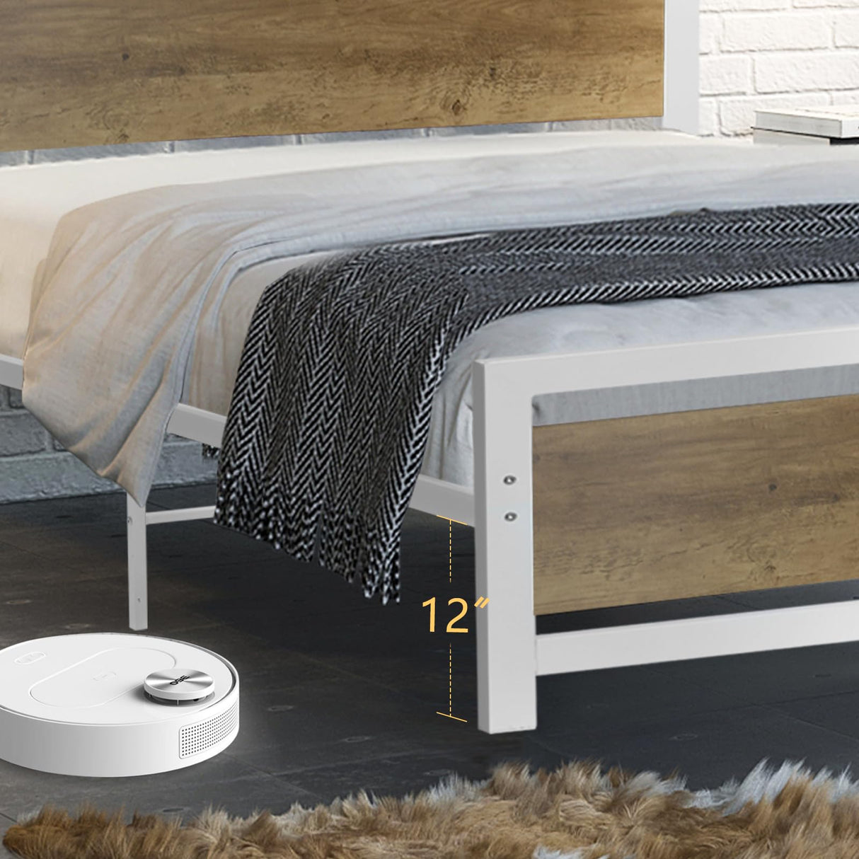 Queen Platform Bed Frame with Wooden Headboard and Footboard, Metal Bed Frame