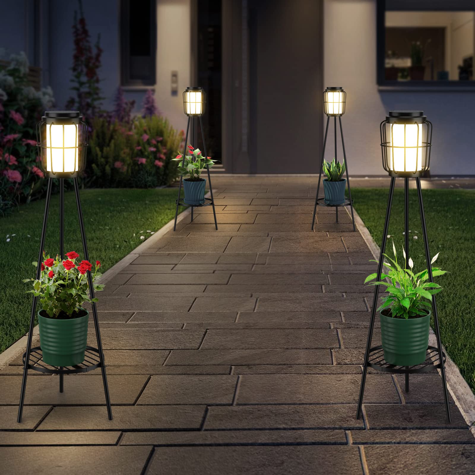 Solar Outdoor Floor Lamp Waterproof (2pcs), Metal Solar Lights Plant Stand