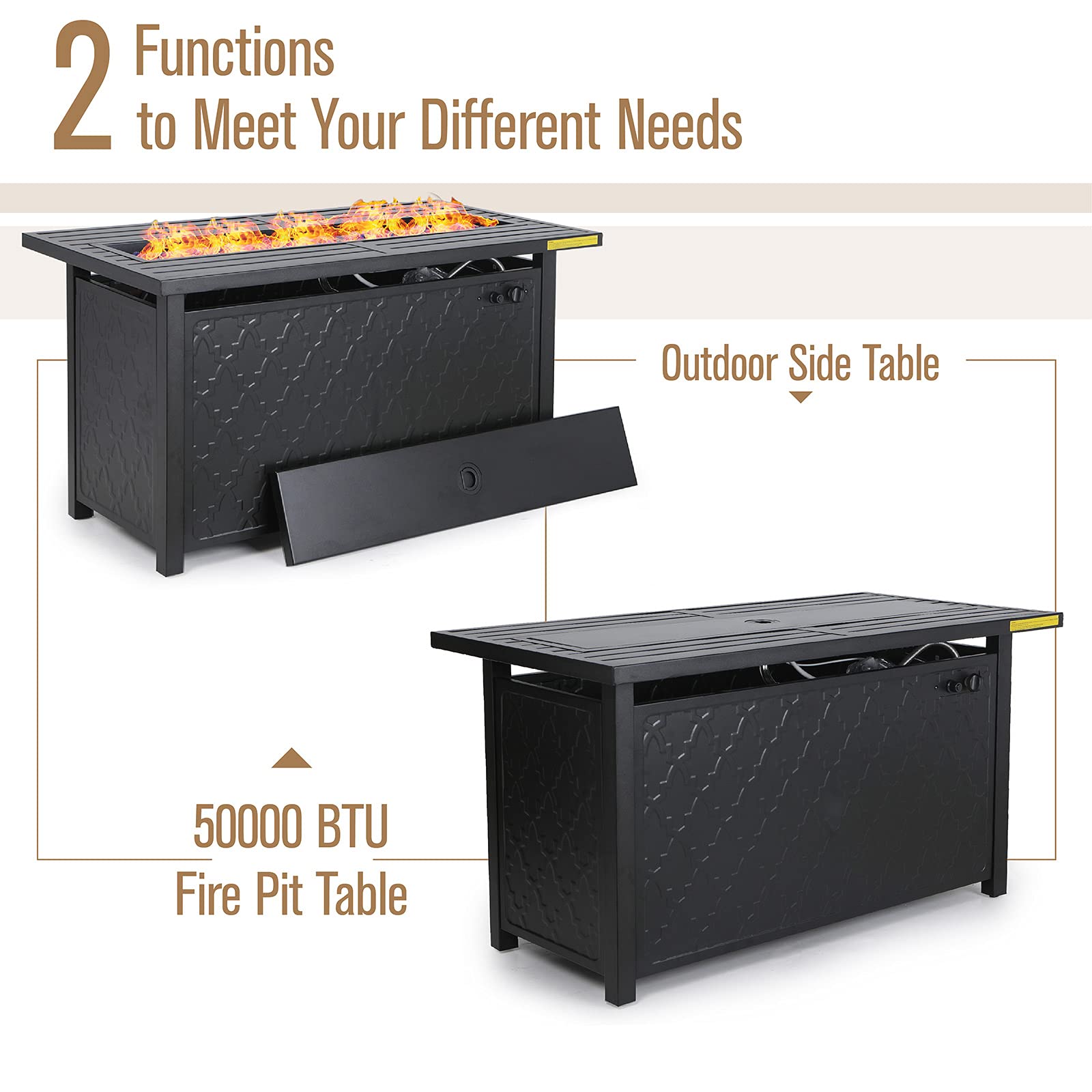 45” Outdoor Rectangular Gas Fire Pit Table，50000 BTU Propane Iron Plate Embossing Fire Table