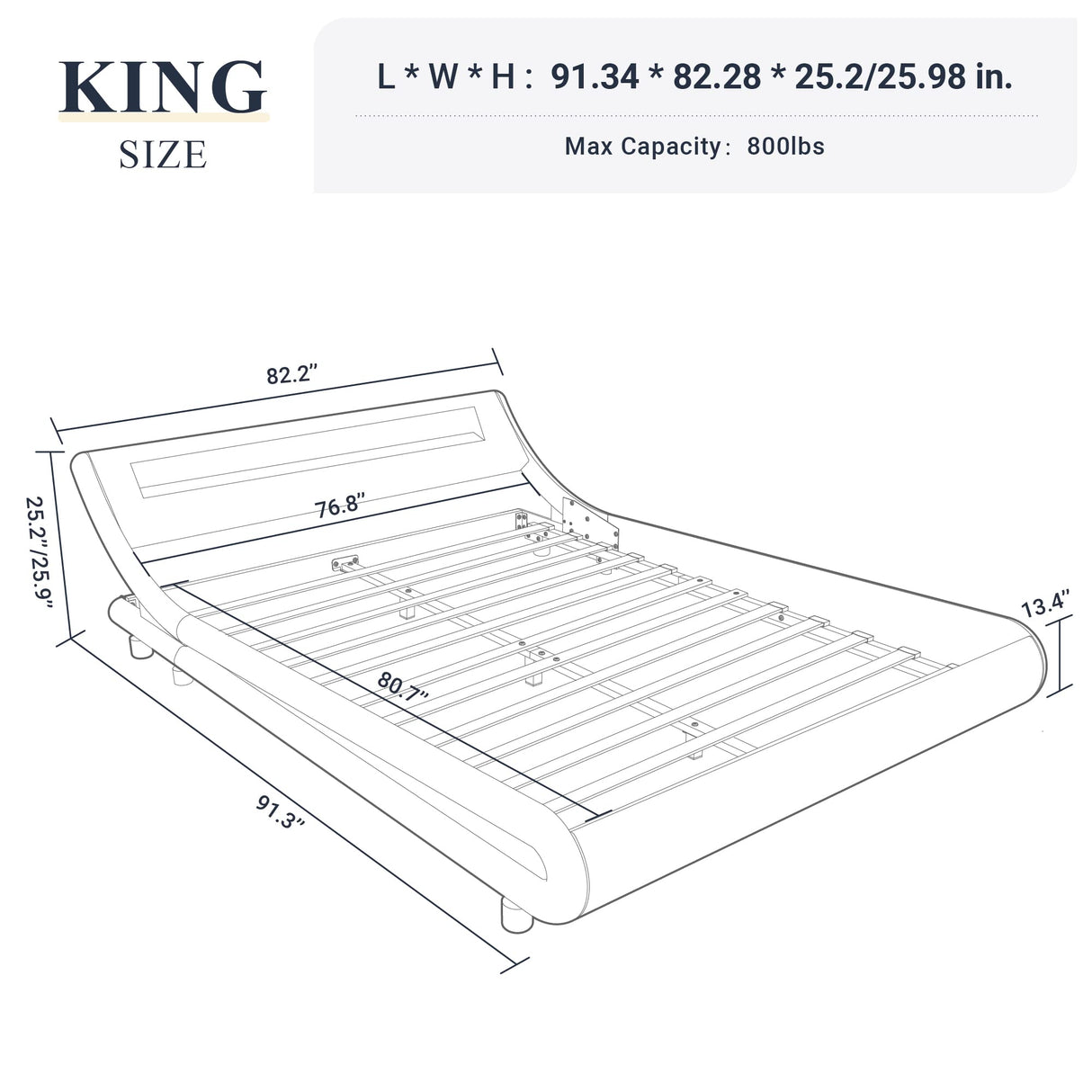 King Size LED Platform Bed Frame with Adjustable Headboard