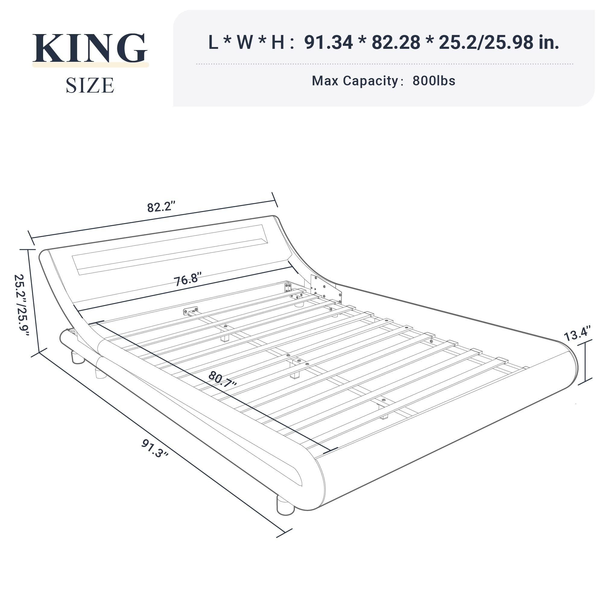 King Size LED Platform Bed Frame with Adjustable Headboard