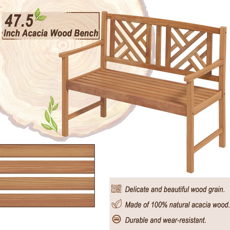 Wooden Garden Bench - 2-Person Acacia Wood Bench, Outside Slats Loveseat