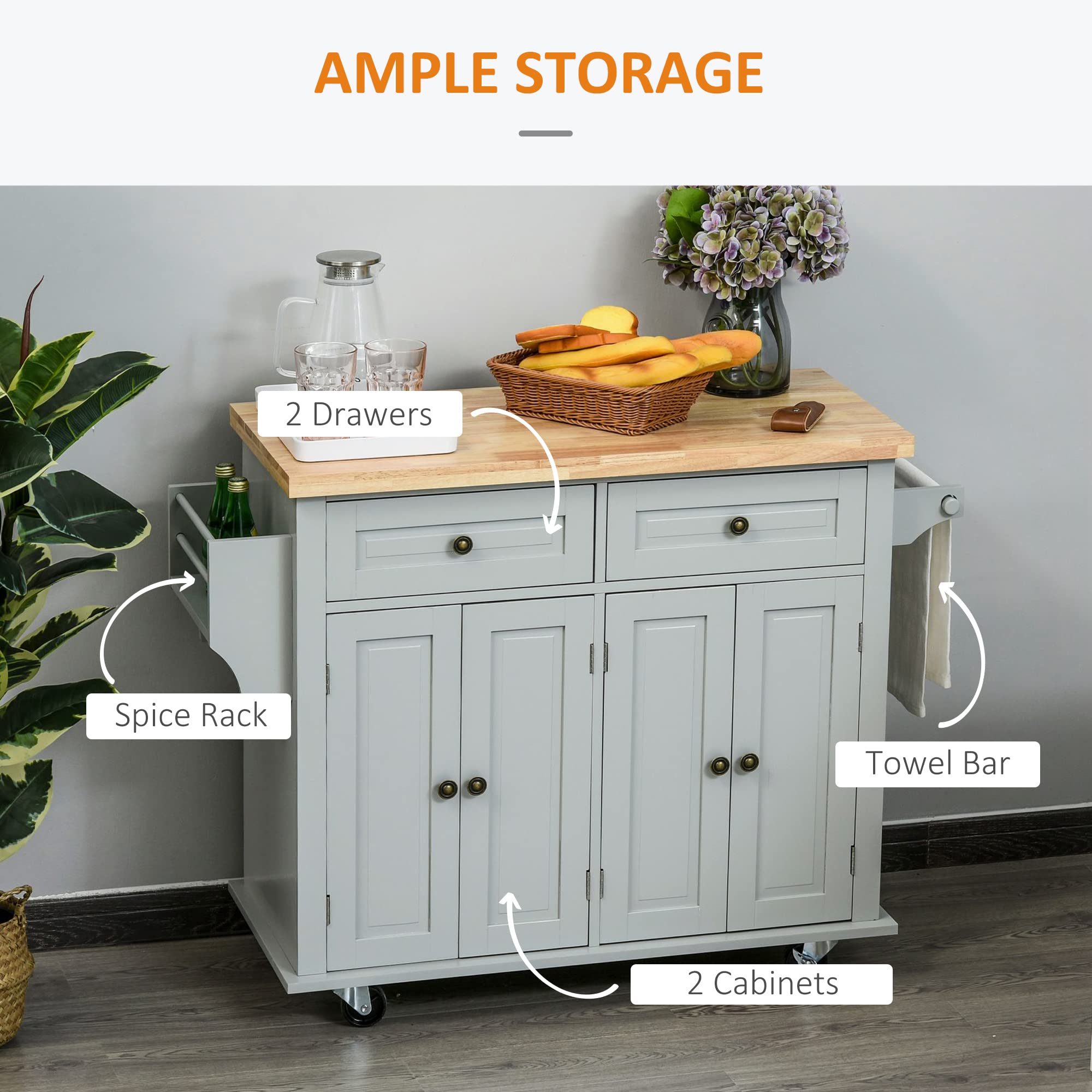 Kitchen Island on Wheels, Rolling Cart with Rubberwood Top