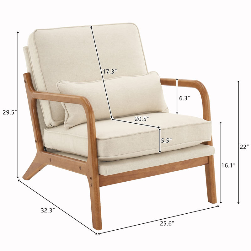 Accent Chair Mid-Century Modern Chair with Pillow Upholstered Lounge Arm Chair with Solid Wood Frame & Soft Cushion