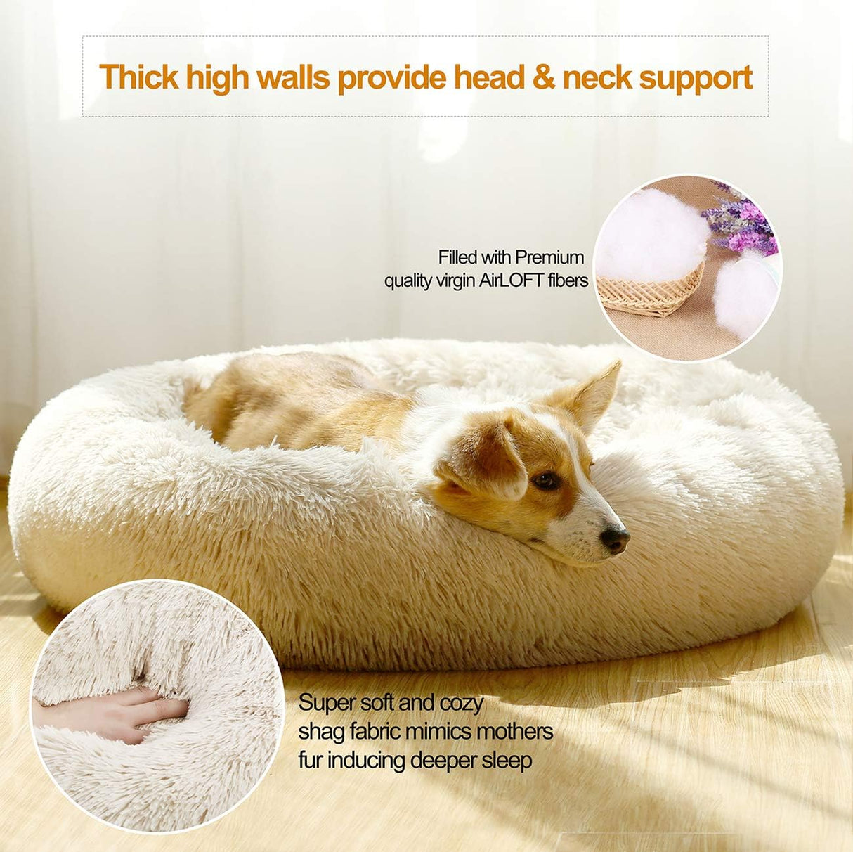 Shag Vegan Fur Donut Comfortable Dog Bed for Medium Dogs