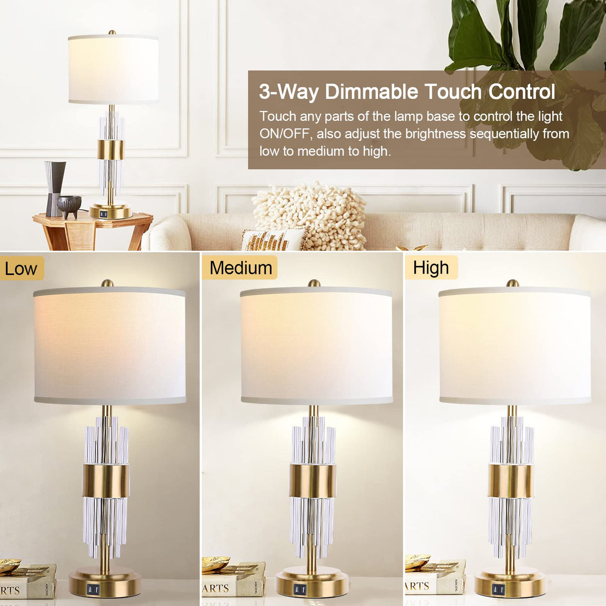 Bedside Table Gold Lamp for Living Room with USB Ports