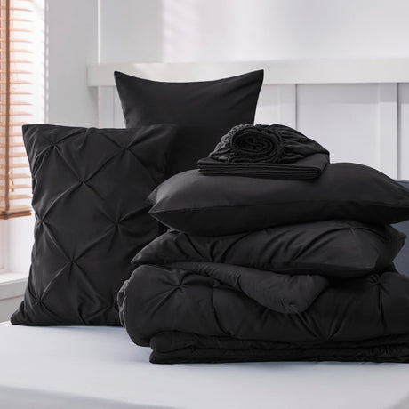 Black Comforter Set Queen - Bed in a Bag Queen 7 Pieces, Pintuck Bedding Sets Black