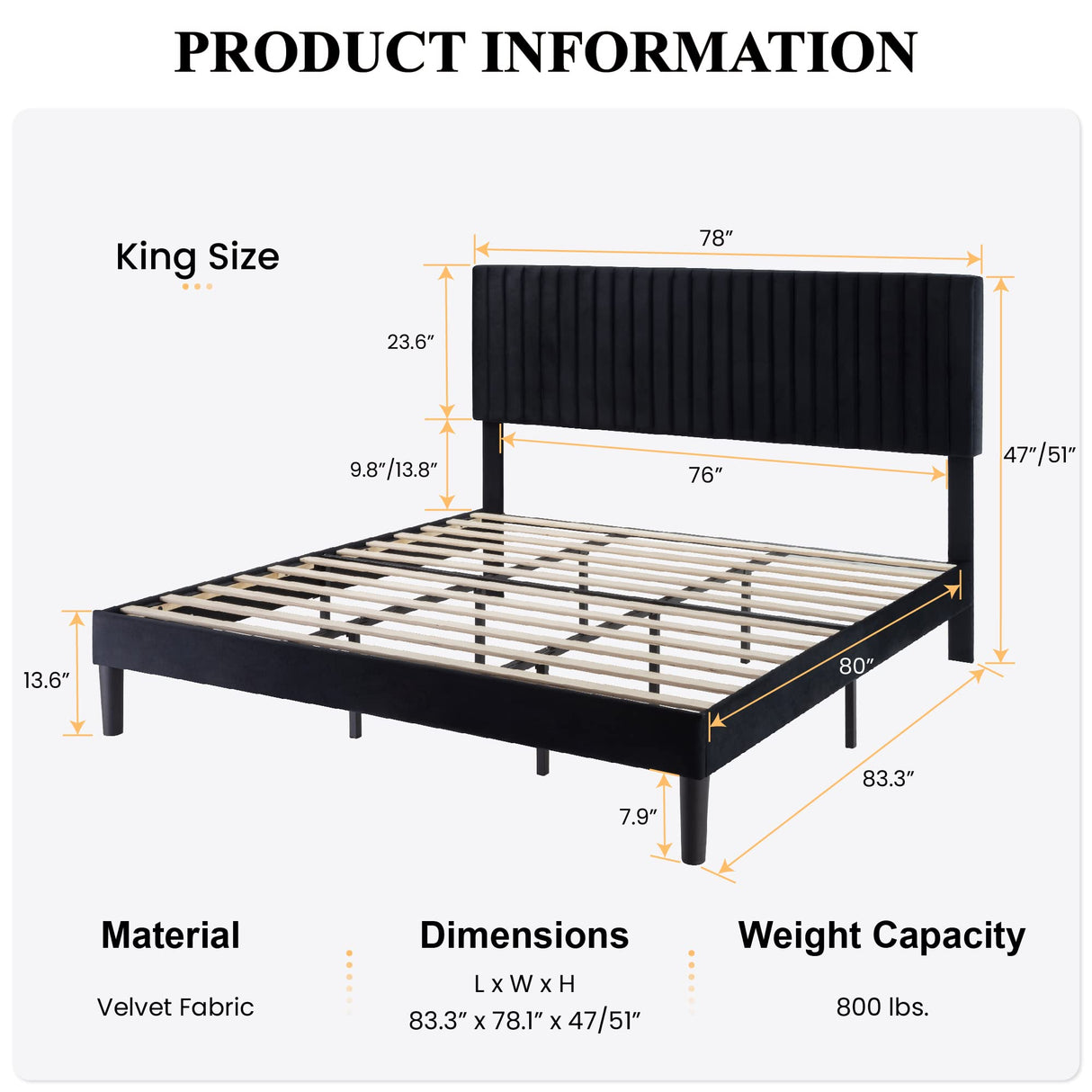 King Upholstered Platform Bed Frame with Adjustable Headboard, Vertical Channel Tufted