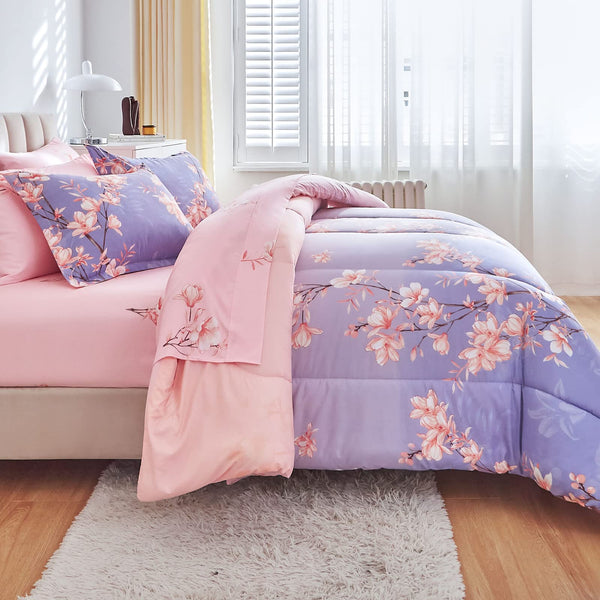 Pink and Light Purple Queen Comforter Set with Sheets, Bed in a Bag 7-Pieces