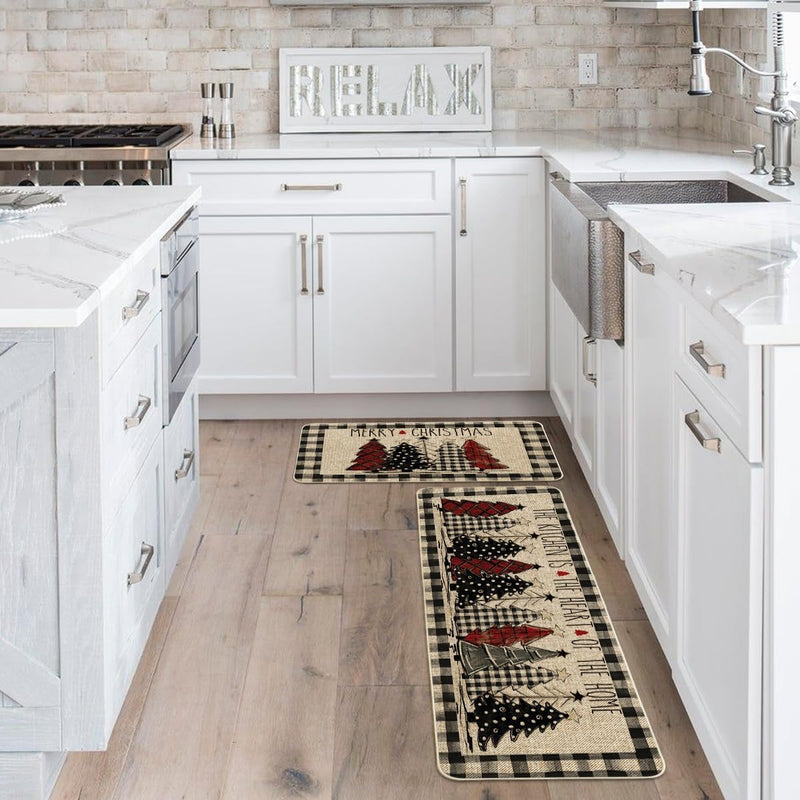 Buffalo Plaid Xmas Tree Merry Christmas Kitchen Mats Set of 2, Winter Home Decor