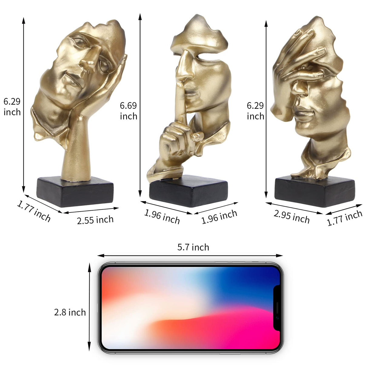 3 Pcs Thinker Statue, Silence is Gold Abstract Art Figurine