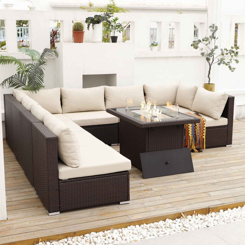 Large Size PE Rattan Outdoor Patio Furniture Sectional Sofa Sets with Fire Pit Table