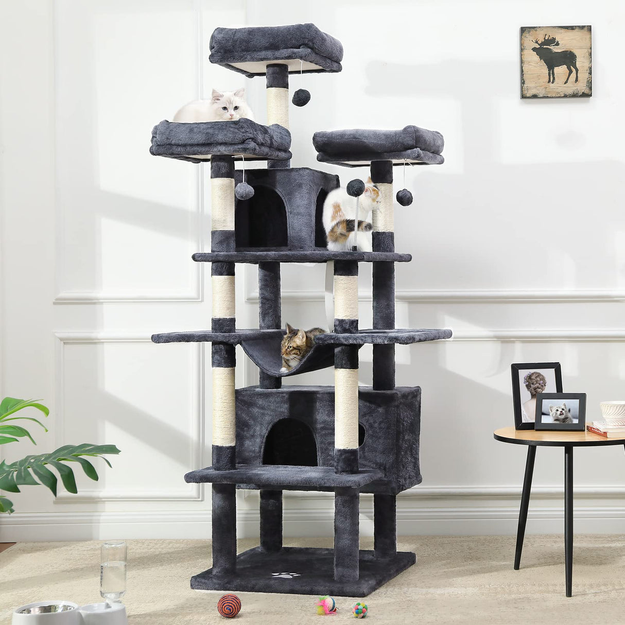 67" Large Cat Tree, Multi-Level Cat Tower with 3 Top Perches, 2 High Plush Condos