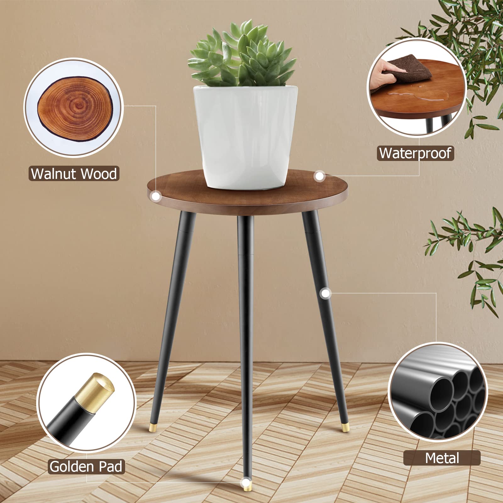 KINNARY Adjustable Walnut Metal Plant Stand – 16” Elegant Indoor & Outdoor