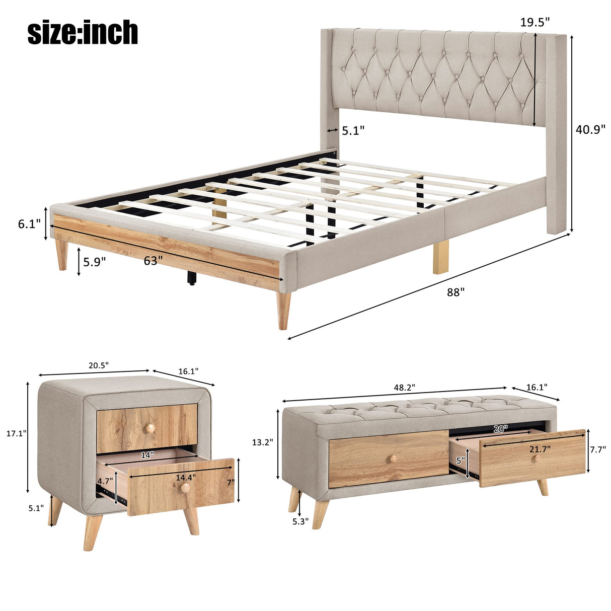 4 Pieces Bedroom Furniture Set, Queen Size Upholstered Bed with Storage Bench and 2 Nightstands