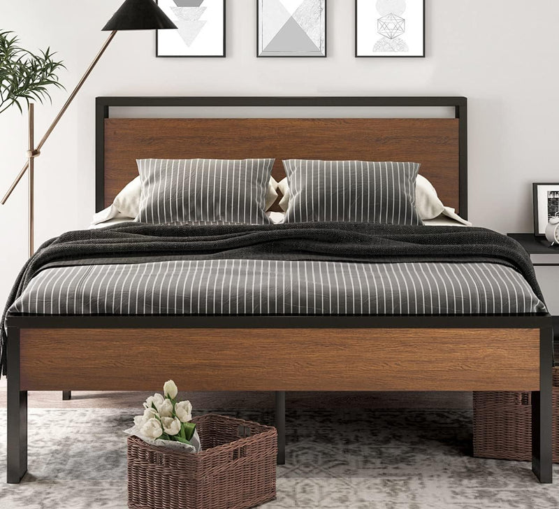 14 Inch Queen Size Metal Platform Bed Frame with Wooden Headboard and Footboard