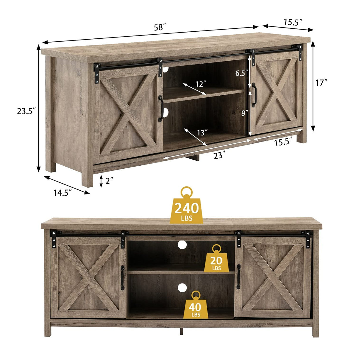 58" Farmhouse TV Stand for TVs up to 65 inch, Entertainment Center TV Cabinet