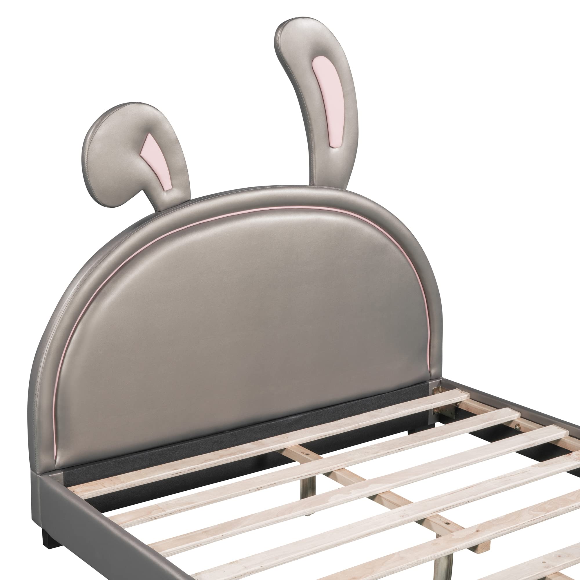 Full Size Upholstered Leather Platform Bed with Bunny Ears Headboard