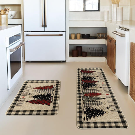 Buffalo Plaid Xmas Tree Merry Christmas Kitchen Mats Set of 2