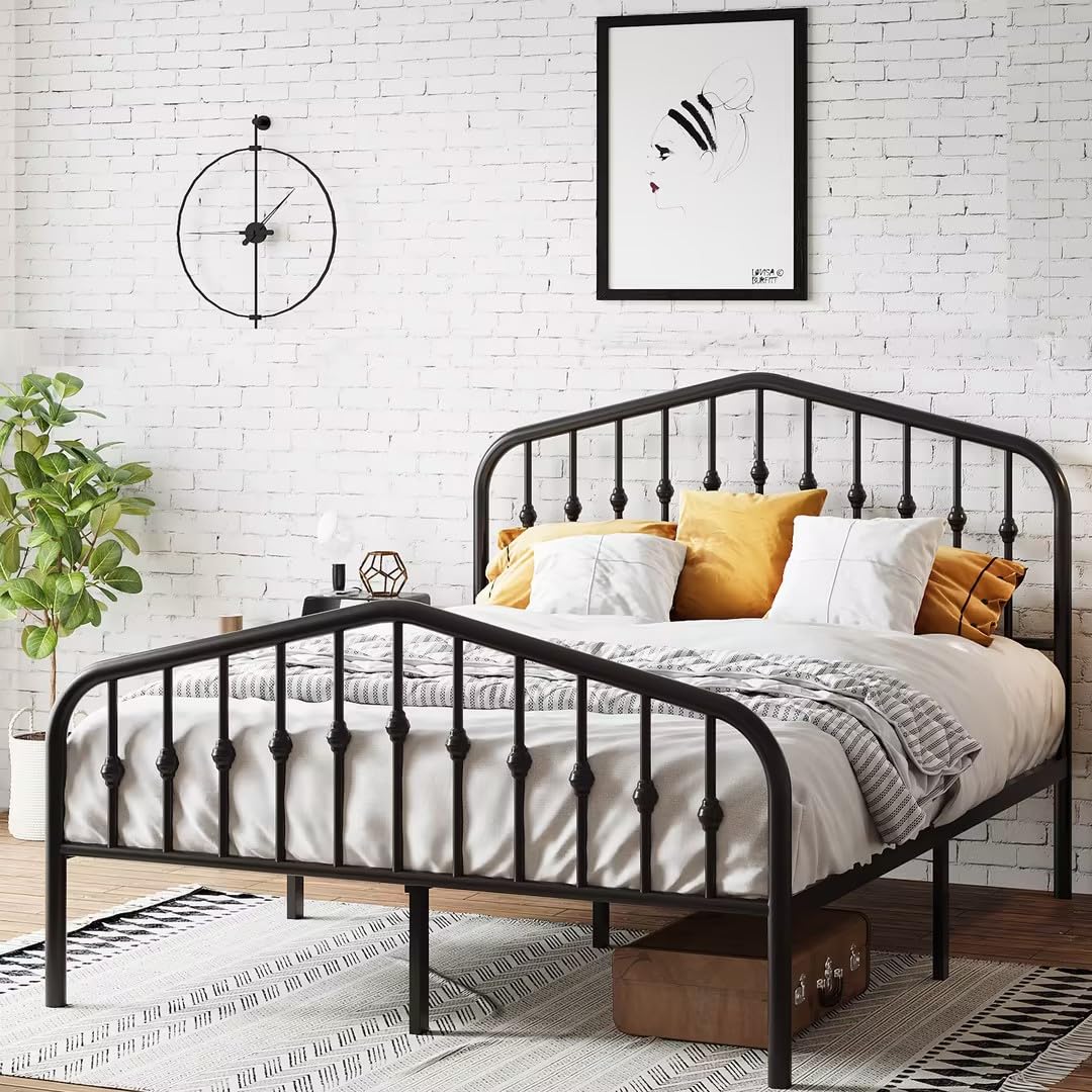 Queen Size Metal Bed Frame with Vintage Headboard and Footboard, Heavy Duty Bed