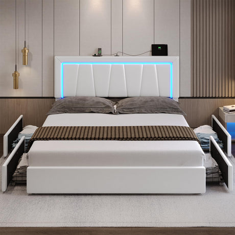 California King Bed Frame with 4 Drawers, USB Ports and Led Lights Faux Leather