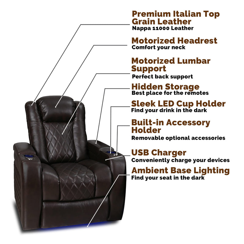 Tuscany Home Theater Seating | Premium Top Grain Italian Nappa 11000 Leather, Power Reclining, Power Lumbar Support, Power Headrest