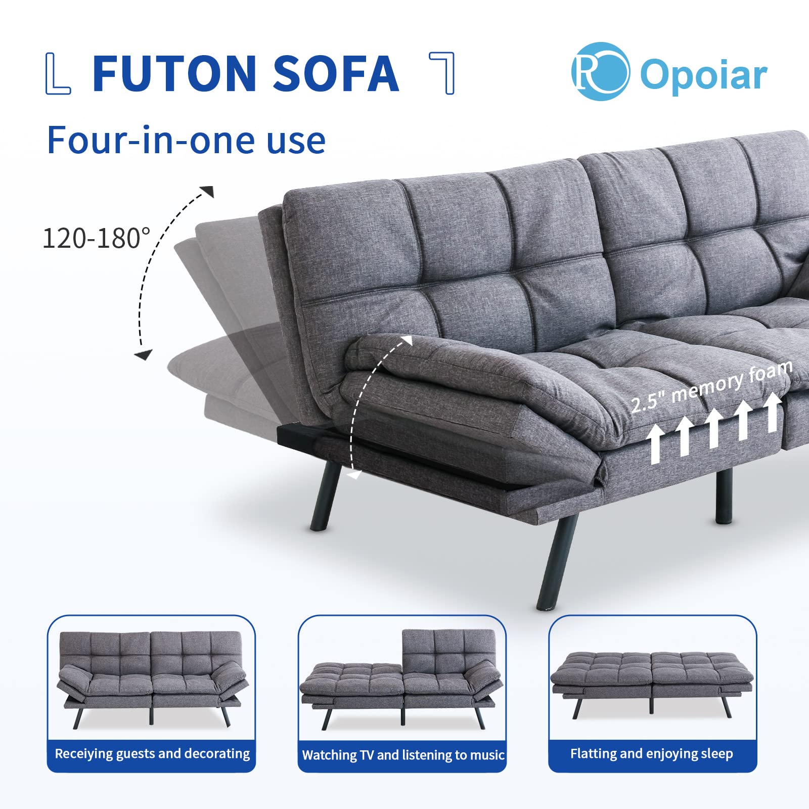 Fabric Futon Sofa Bed, Memory Foam Couch Convertible Loveseat, Sleeper Sofa