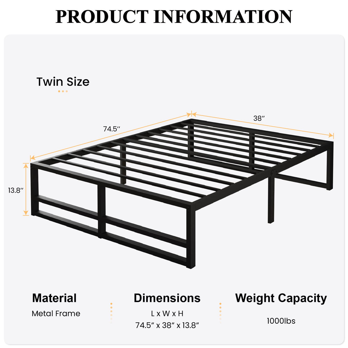 Twin Size Metal Bed Frame, High Under Bed Platform Storage Space