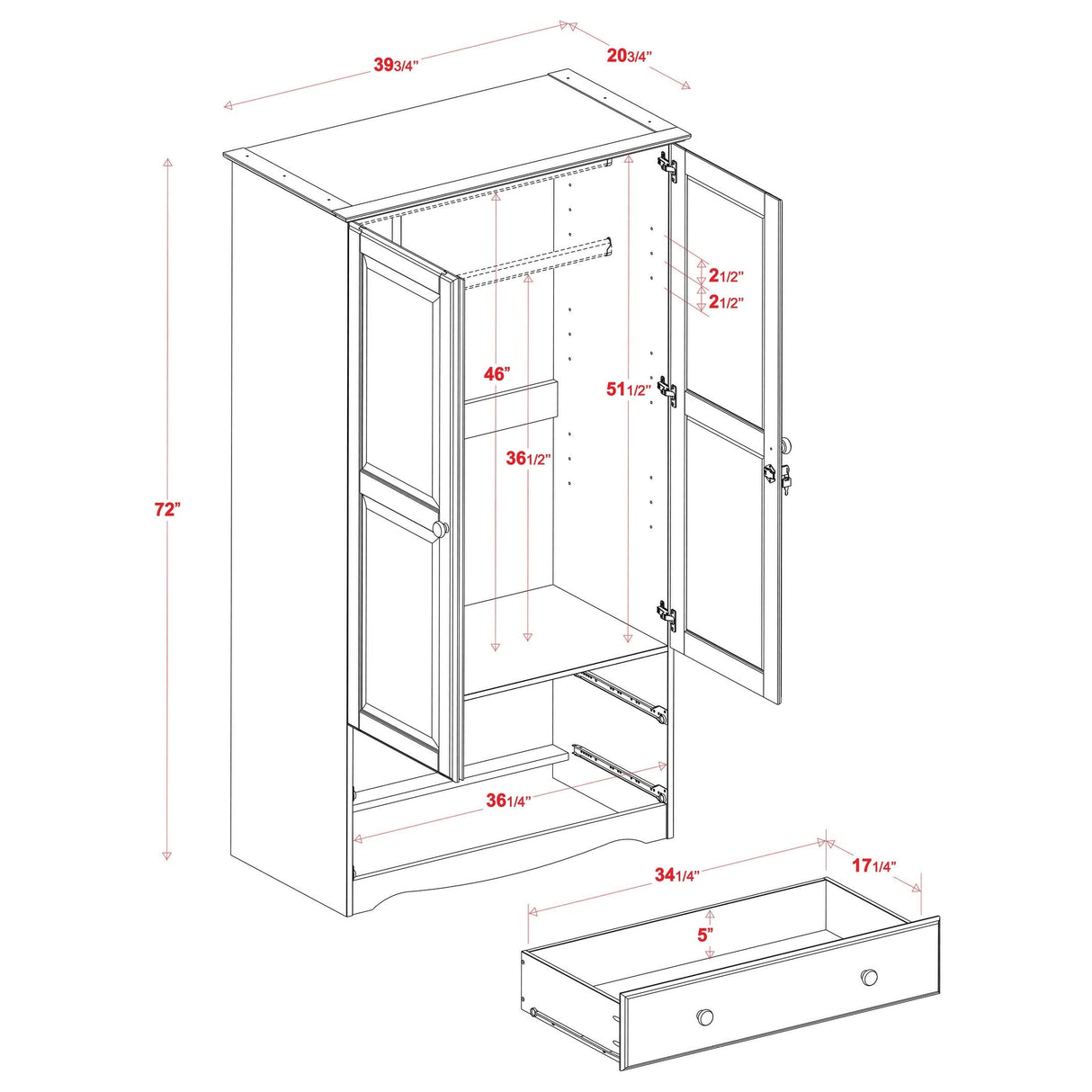 100% Solid Wood Smart Wardrobe/Armoire/Closet, Java Color