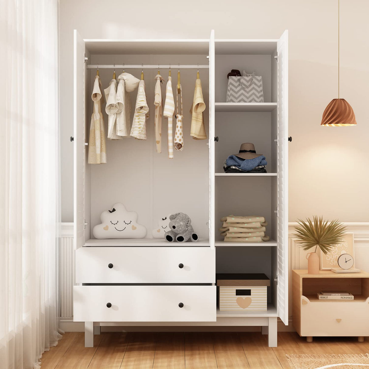 3 Shutter Door Wardorbe Closet with Drawers & Shelves, Armoire Wardrobe Closet with Hanging Rod