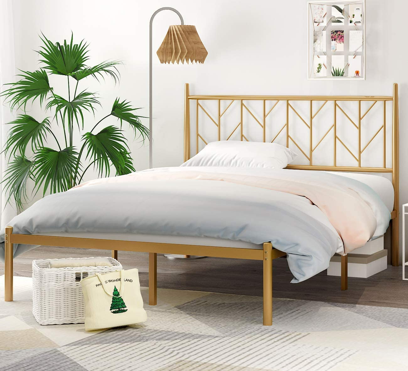 Queen Metal Bed Frame with Vintage Headboard, Heavy Duty Platform Bed with Round