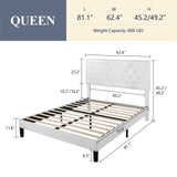 Queen Bed Frame with Adjustable Diamond Stitched Button Tufted Headboard/Faux