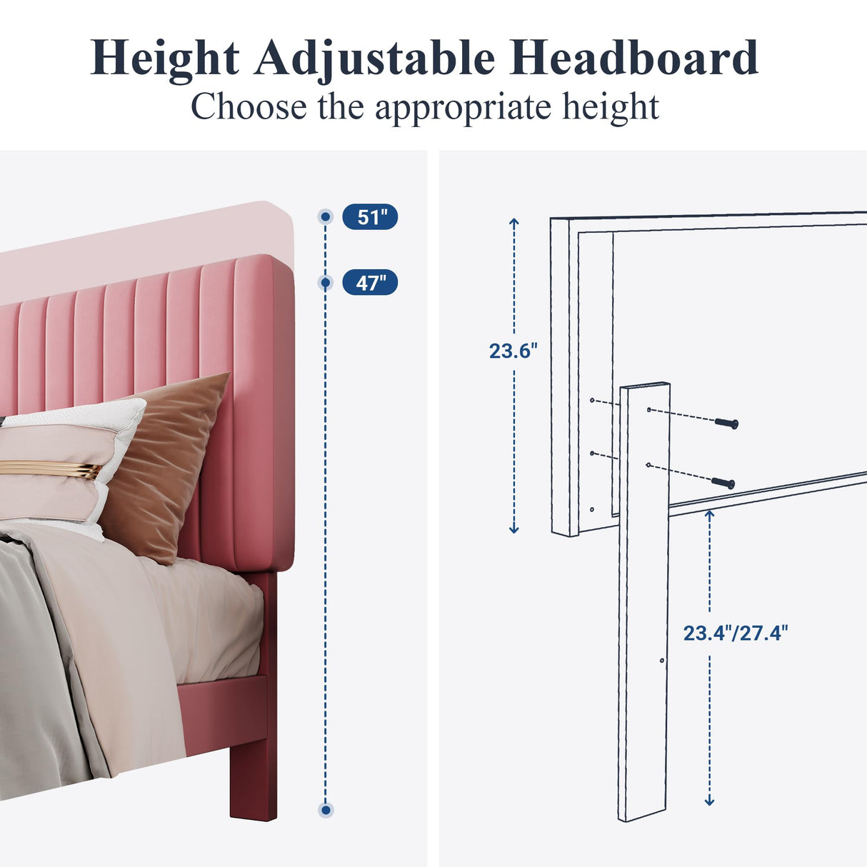 Velvet Upholstered Platform Bed with Adjustable Vertical Channel Tufted Headboard