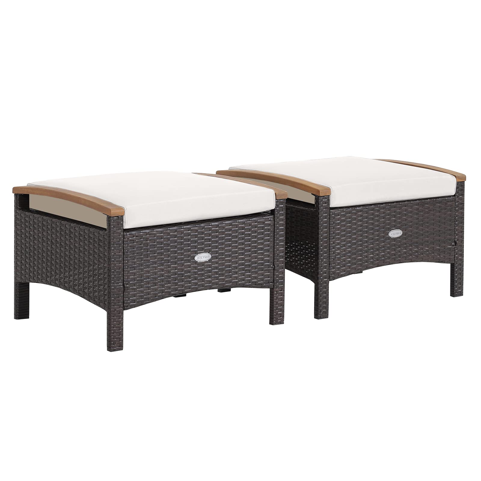 2 Piece Patio Rattan Ottomans, Wicker Footstool w/Acacia Wood Handles