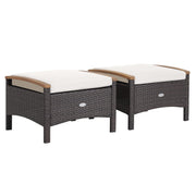 2 Piece Patio Rattan Ottomans, Wicker Footstool w/Acacia Wood Handles
